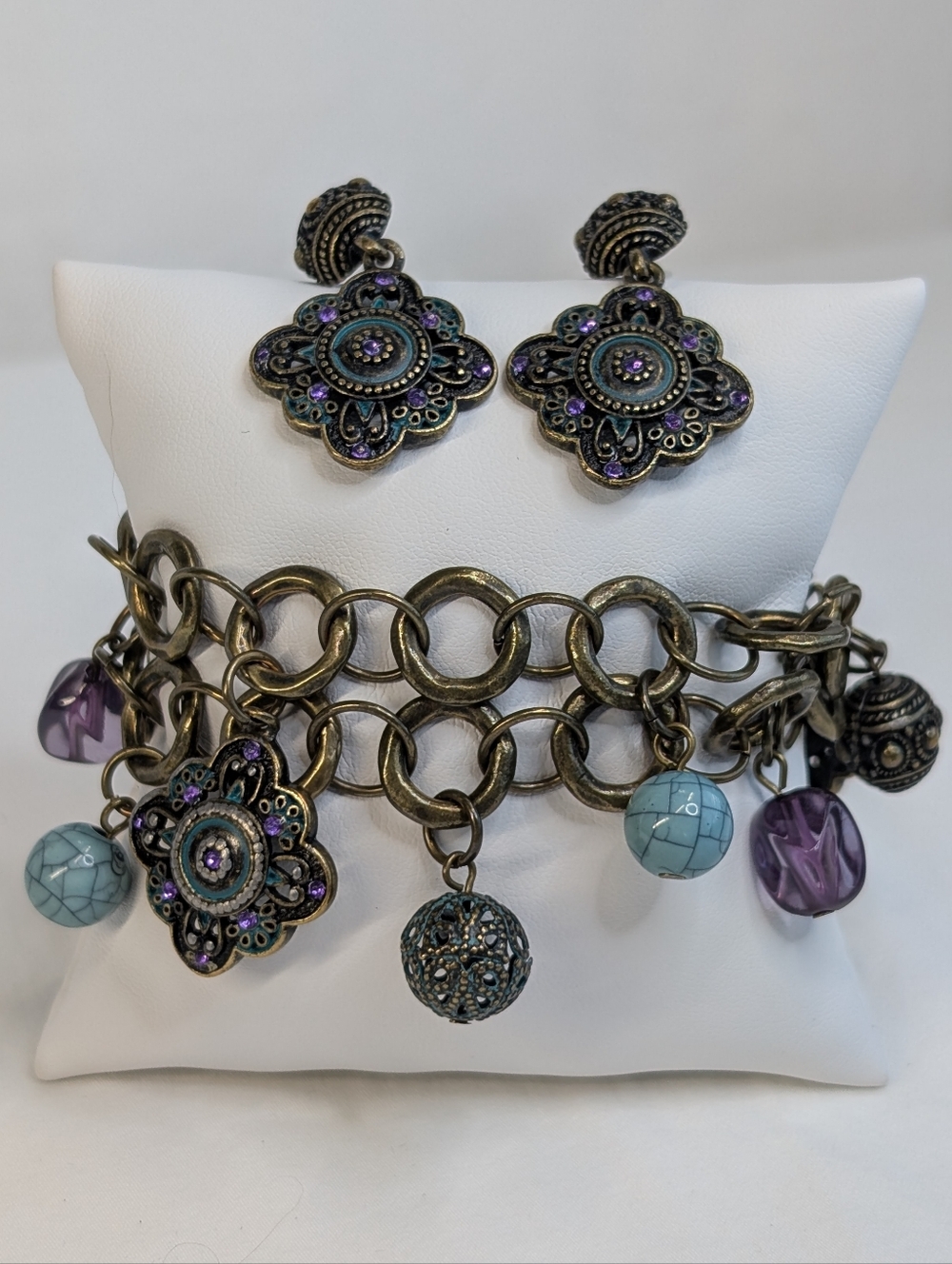 Vintage Premier Designs Charm Bracelet & Earrings Set - Antique Bronze Tone